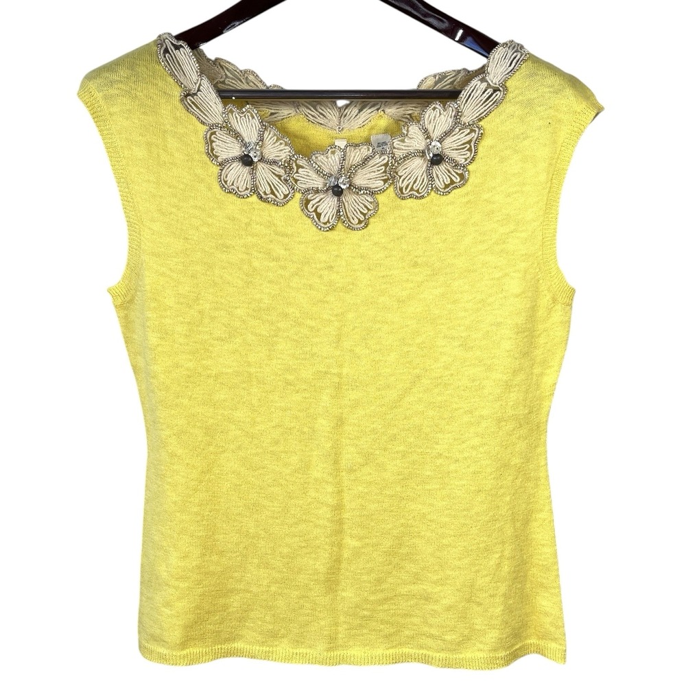 MOTH Anthropologie Linen Knit Top Womens XL Yellow Beaded Embroidered Floral